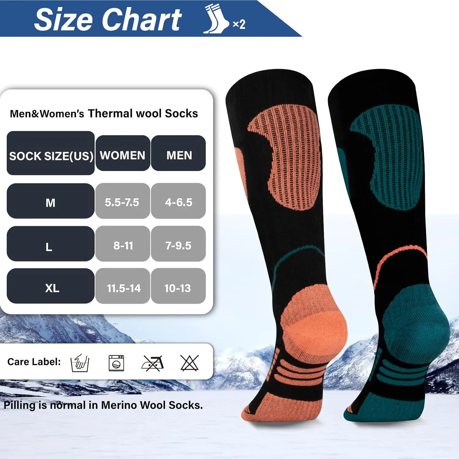 Merino Wool Ski Socks 2 Pairs, Thermal Knee High Warm Socks for Snowboarding, Hiking, Cold Weather, Snow, Hunting