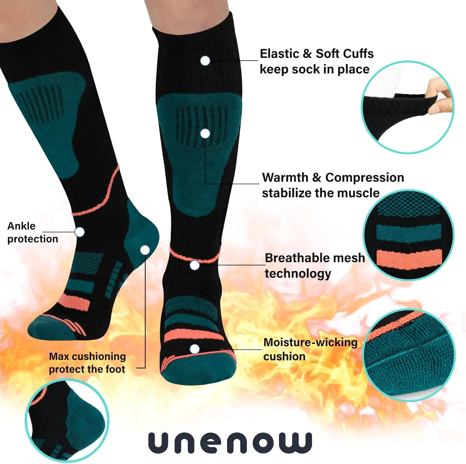 Merino Wool Ski Socks 2 Pairs, Thermal Knee High Warm Socks for Snowboarding, Hiking, Cold Weather, Snow, Hunting