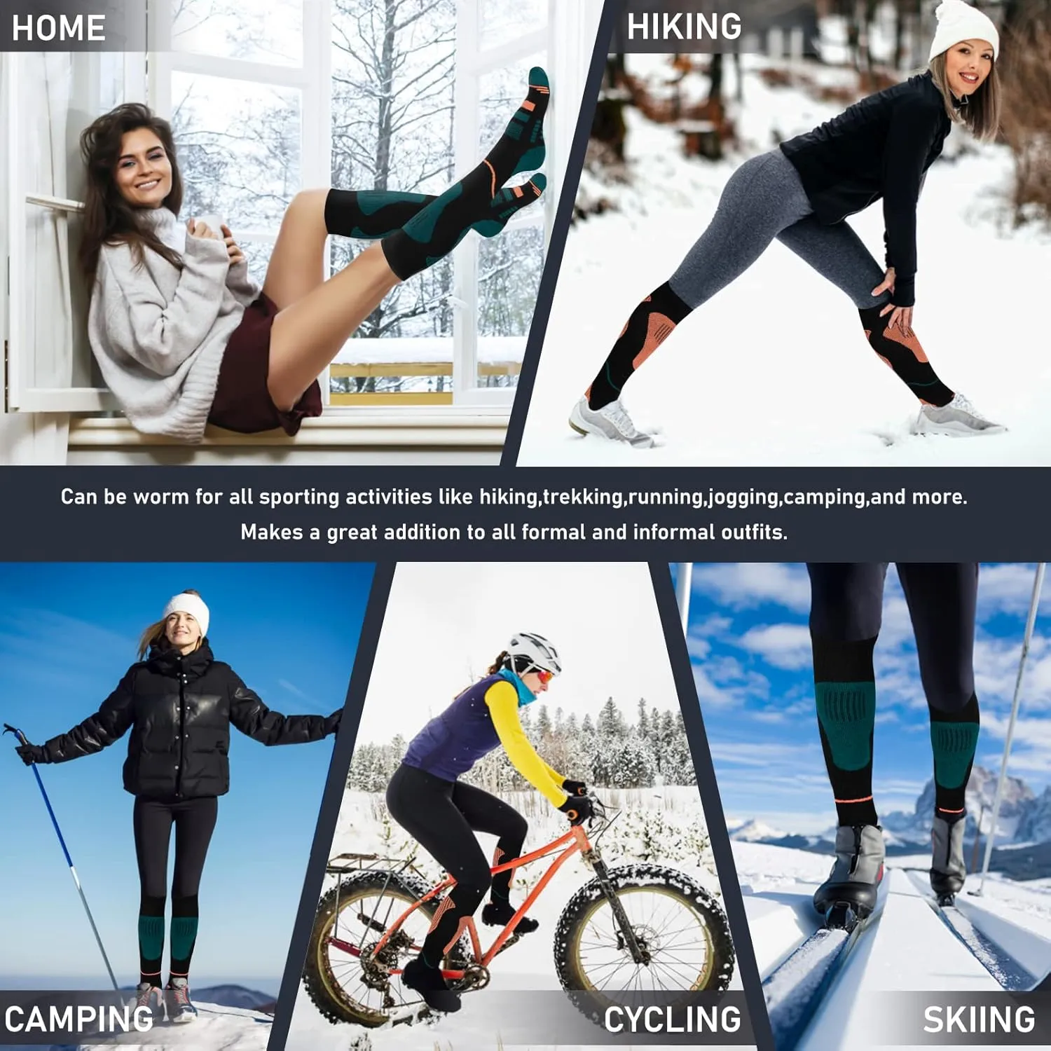 Merino Wool Ski Socks 2 Pairs, Thermal Knee High Warm Socks for Snowboarding, Hiking, Cold Weather, Snow, Hunting