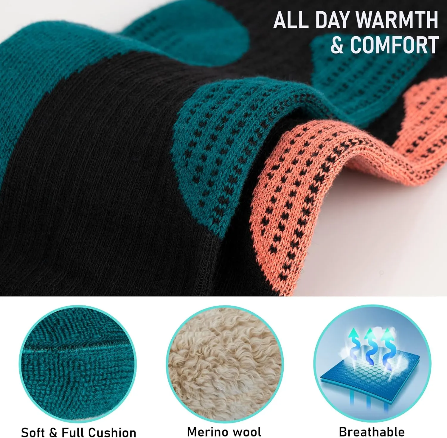 Merino Wool Ski Socks 2 Pairs, Thermal Knee High Warm Socks for Snowboarding, Hiking, Cold Weather, Snow, Hunting