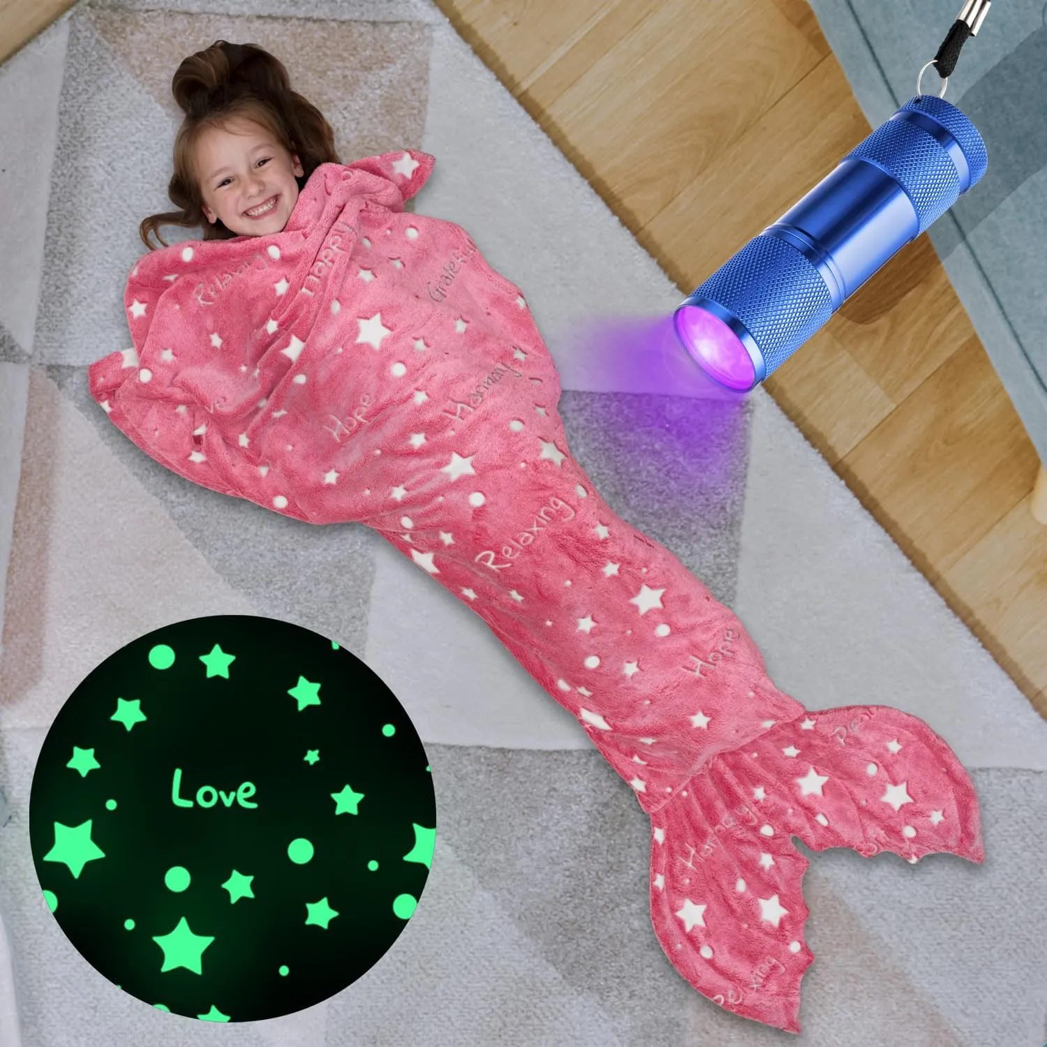 Mermaid Tail Blanket for Girls, Glow in The Dark Mermaid Sleeping Bag, Snuggle Girls Throw, Plush Cozy Soft Fleece Blanket for age 2-12, Valentine's Day Gifts for Kids Birthday Gift for Daughter, Pink