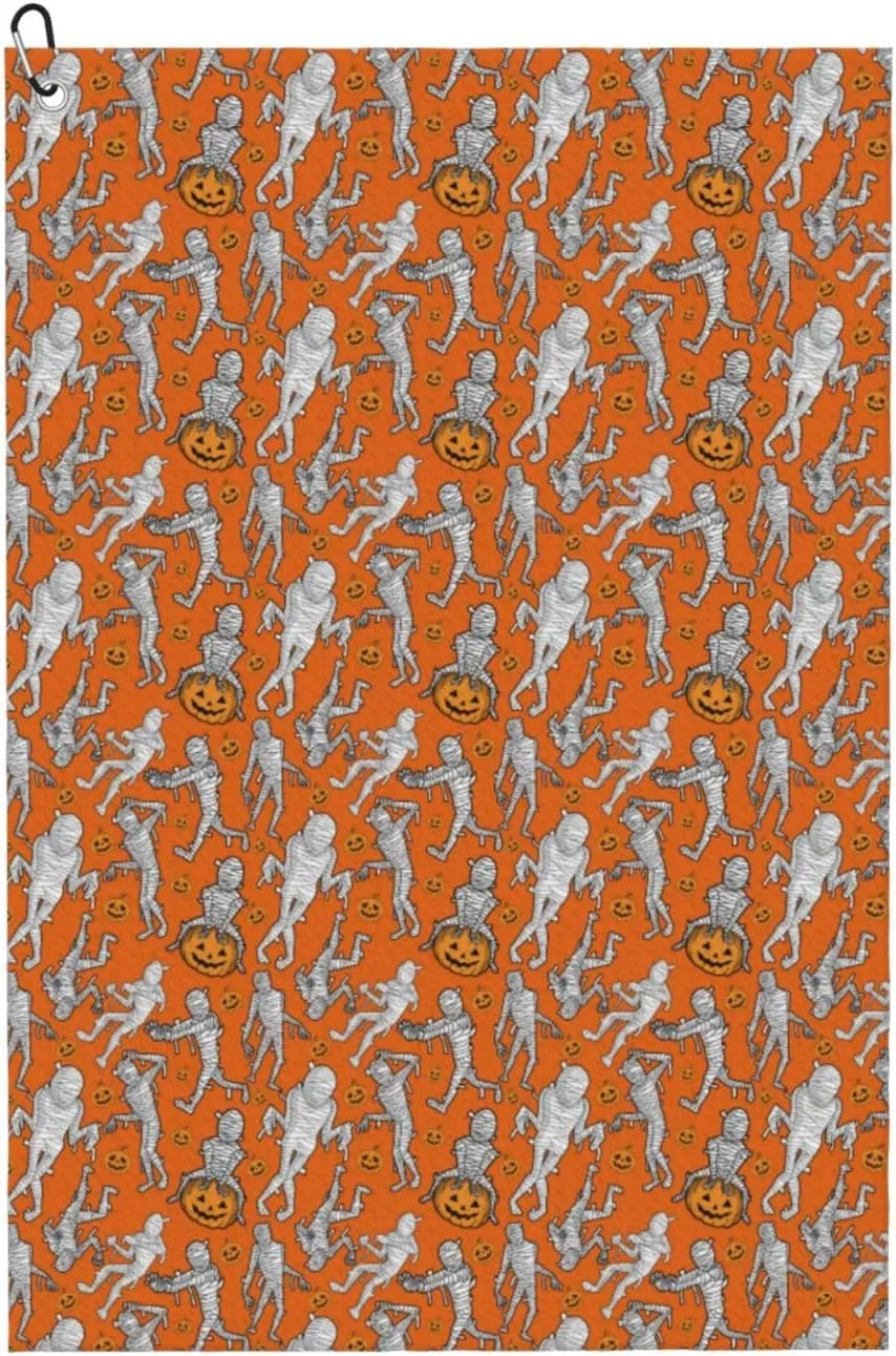 Microfiber Golf Towel, Halloween Mummy Golf Towels for Golf Bags for Men Women, Waffle Pattern Golf Towel with Carabiner Clip 16 x 24 inches