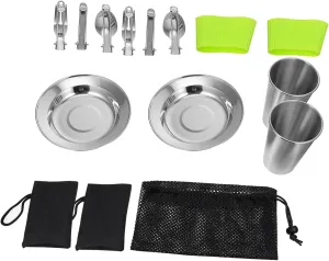 Milisten Stainless Steel Camping Utensils Set Travel Dinning Set Plate Cup Easy to Clean Camping Tableware
