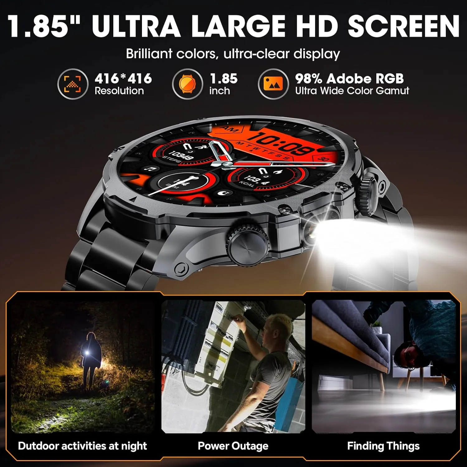 Military Smart Watch for Men (Answer/Make Call), 1,85" HD Touch Screen 700mAh Large Battery Fitness Watch with Flashlight/Heart Rate Fitness Tracker for iPhone & Android Black Steel Strip