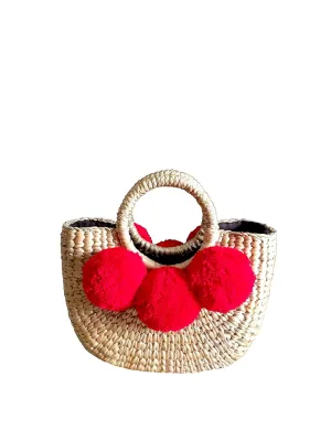 Mini Pom Pom Straw Bag,Red Pom Pom Straw Bags for Women, Straw Basket Bag,Straw Basket Tote Bag,Beach Basket Bag,Pom Pom Straw Basket Purse,Basket Bag,Straw Bag,Straw Tote Beach Bag,Summer Straw Bag