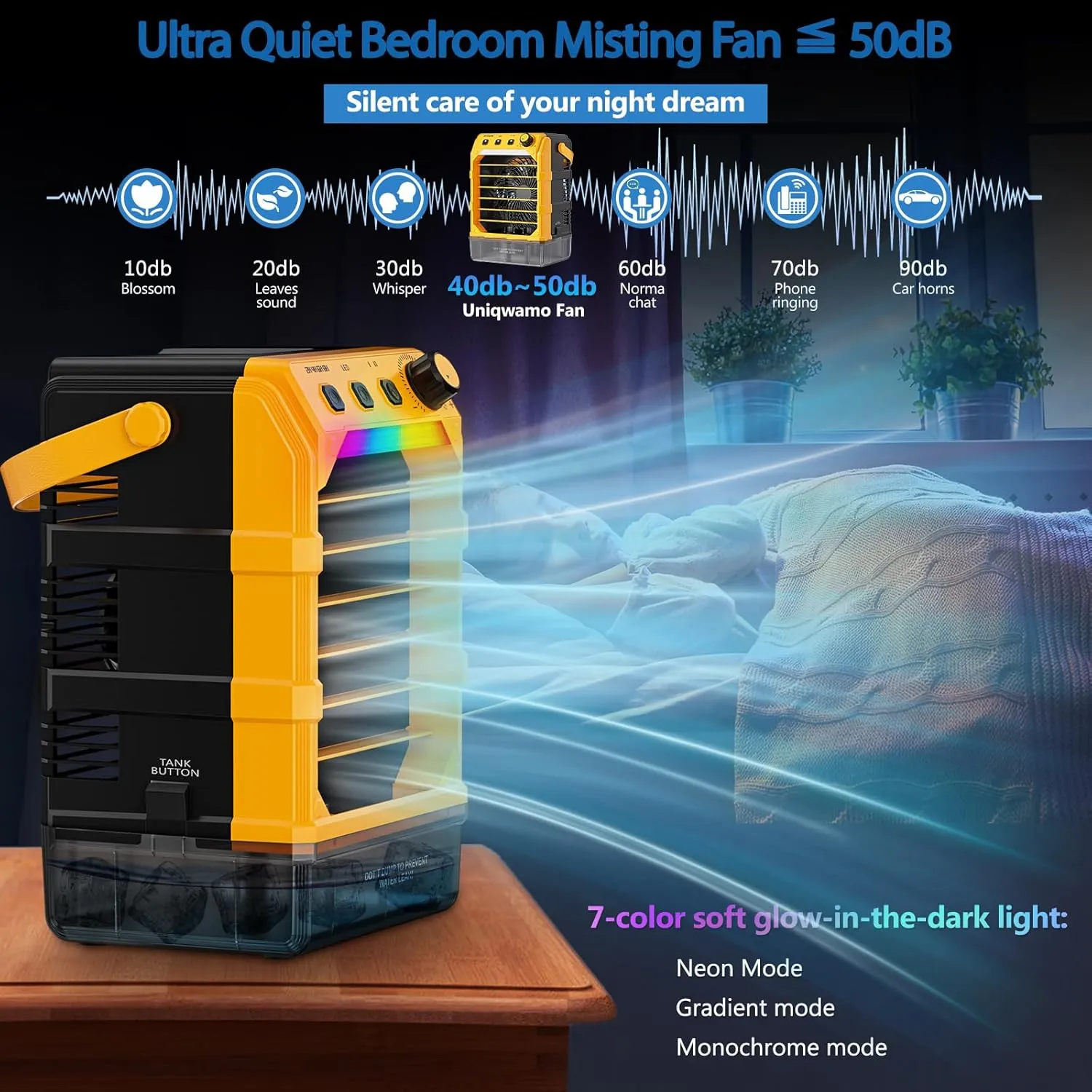 Misting Fan Portable Compatible for Dewalt 20V/60V Battery(No Battery) or USB Powered, Cooling Fan for Bedroom with 7 Lights, 8H Timer, 1600ML Water Tank for Outside Camping Tent Room Office