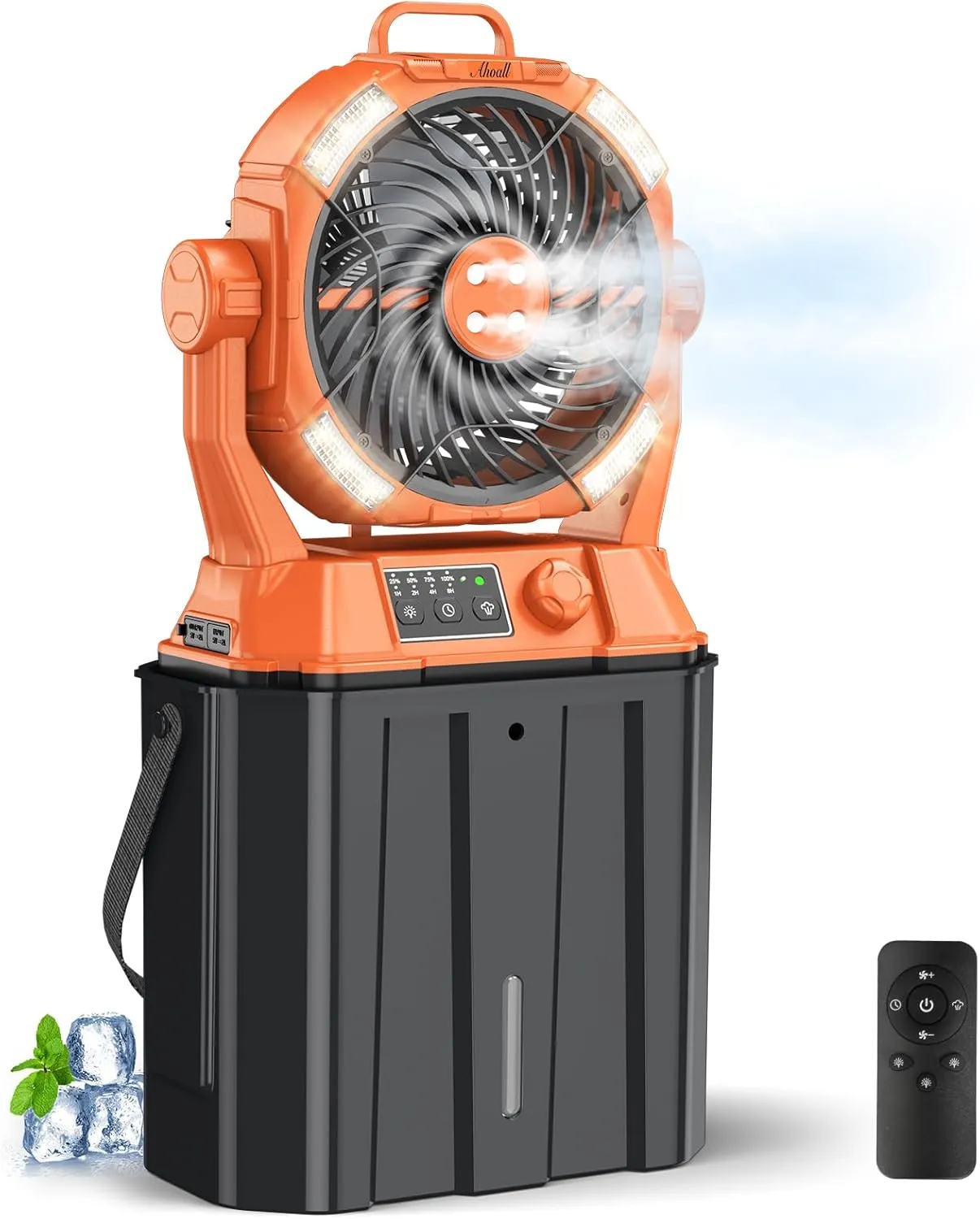 Misting Fan with Portable 6L Bucket for Outdoor Patios, 20000mAh Rechargeable Mister Fan for Camping with LED Light, 4 Spray Mister, Remote Controller