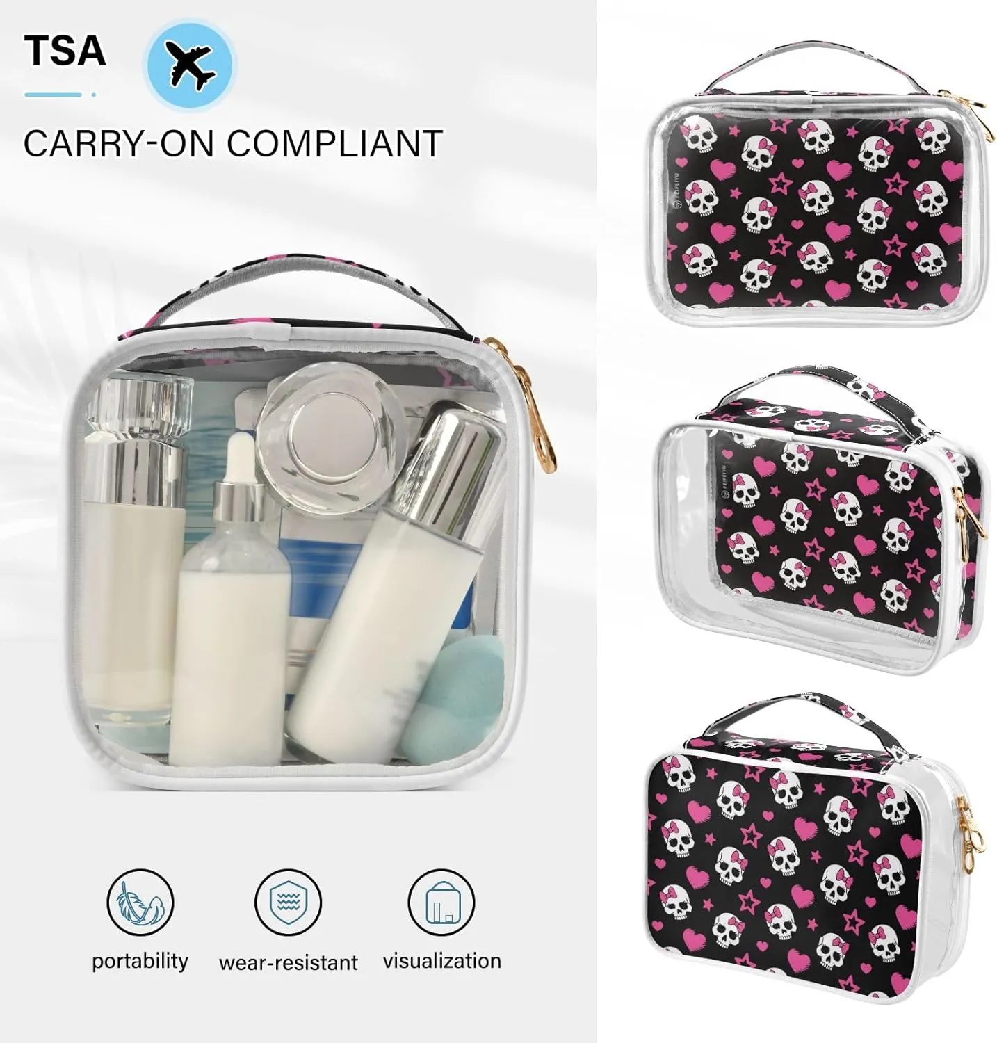 MNSRUU Clear Makeup Bags Pink Hearts and Skulls Toiletry Bag for Women 2 PCS Waterproof Clear Bags Clear Travel Toiletry Bag Small Cosmetic Makeup Bag, Carry on Airport Airline Compliant Bag