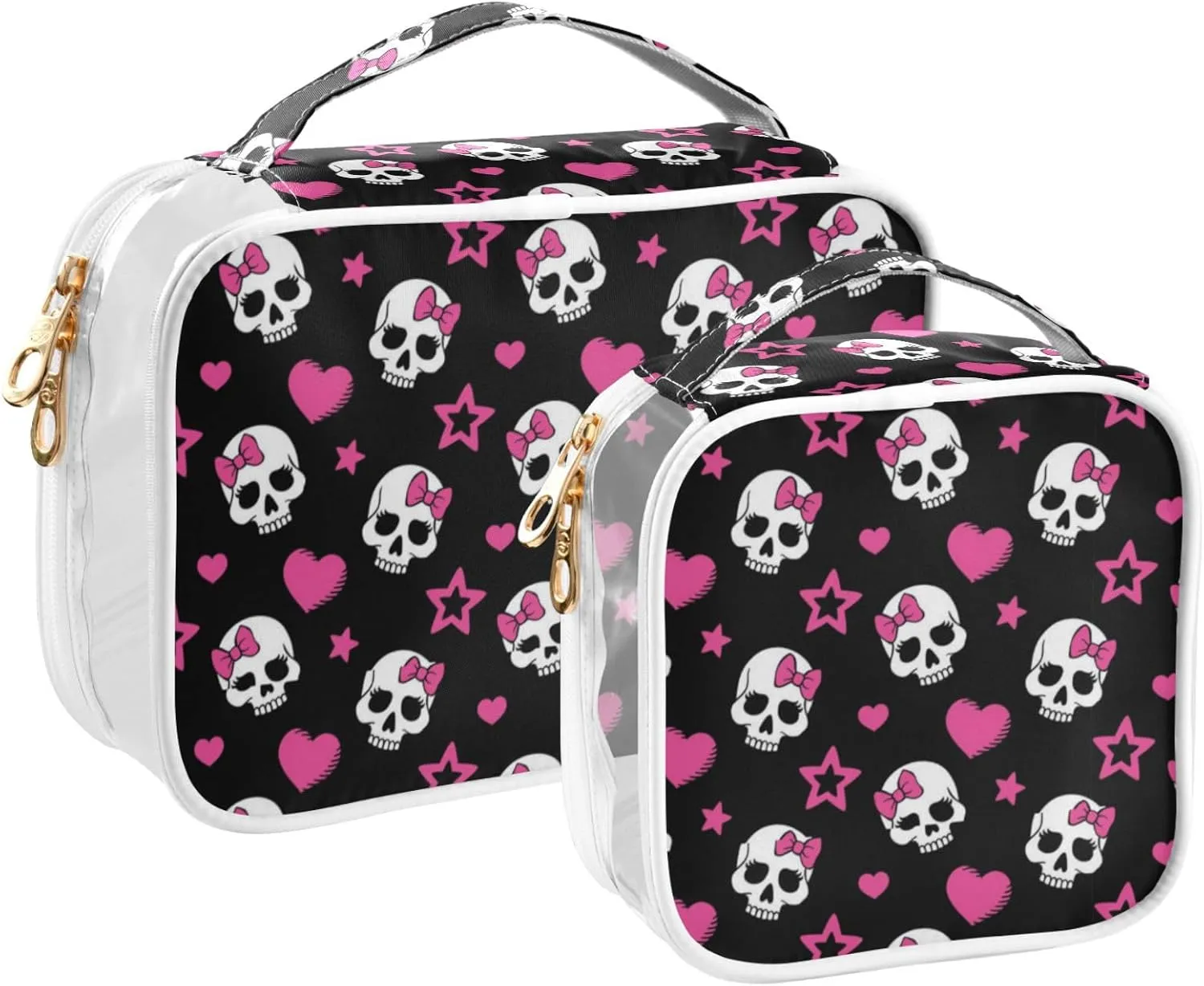 MNSRUU Clear Makeup Bags Pink Hearts and Skulls Toiletry Bag for Women 2 PCS Waterproof Clear Bags Clear Travel Toiletry Bag Small Cosmetic Makeup Bag, Carry on Airport Airline Compliant Bag