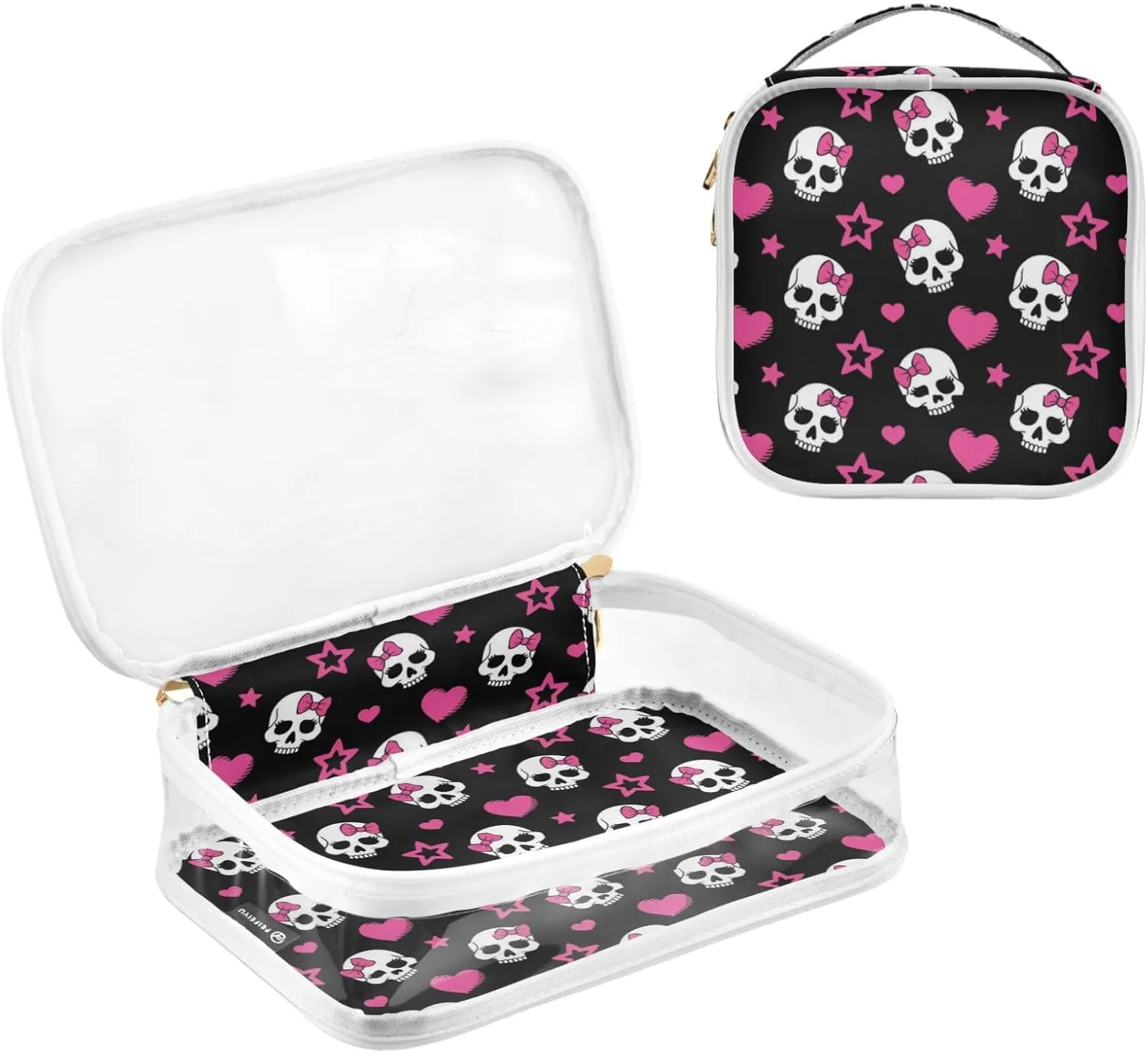 MNSRUU Clear Makeup Bags Pink Hearts and Skulls Toiletry Bag for Women 2 PCS Waterproof Clear Bags Clear Travel Toiletry Bag Small Cosmetic Makeup Bag, Carry on Airport Airline Compliant Bag