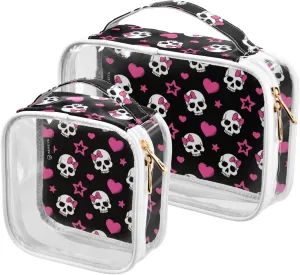 MNSRUU Clear Makeup Bags Pink Hearts and Skulls Toiletry Bag for Women 2 PCS Waterproof Clear Bags Clear Travel Toiletry Bag Small Cosmetic Makeup Bag, Carry on Airport Airline Compliant Bag