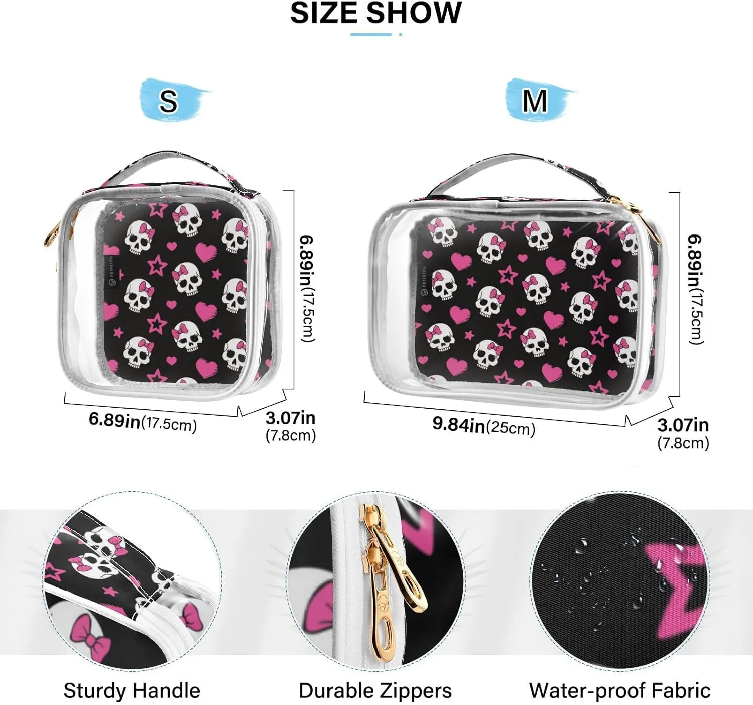 MNSRUU Clear Makeup Bags Pink Hearts and Skulls Toiletry Bag for Women 2 PCS Waterproof Clear Bags Clear Travel Toiletry Bag Small Cosmetic Makeup Bag, Carry on Airport Airline Compliant Bag