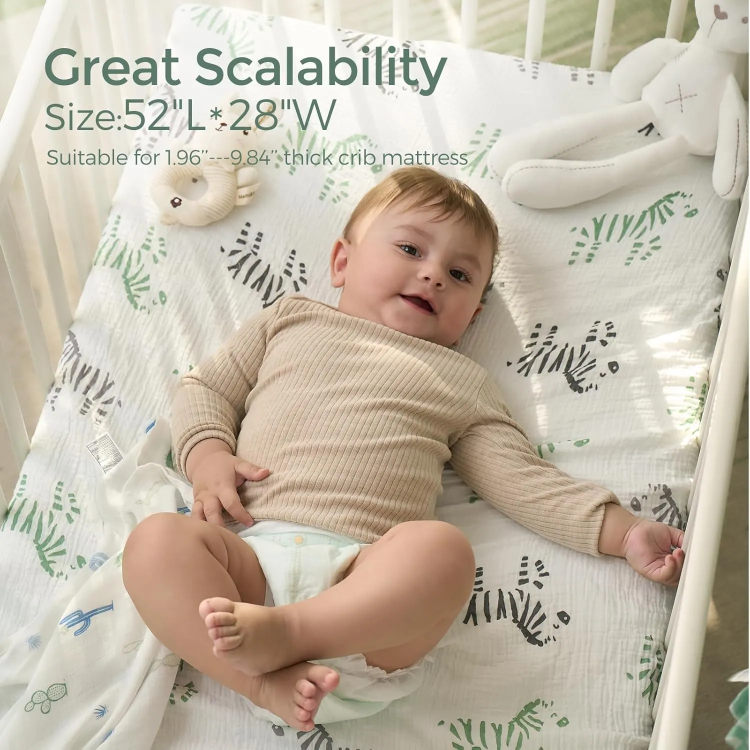 Momcozy Best Wishes Muslin Standard Fitted Crib Sheets, 52"x28", 2 Pack Soft Breathable Natural Cotton Baby Mattress Sheet, 360° Mattress Wrapping Boys Girls Neutral Toddler Bed Sheet, Bravery Zebra