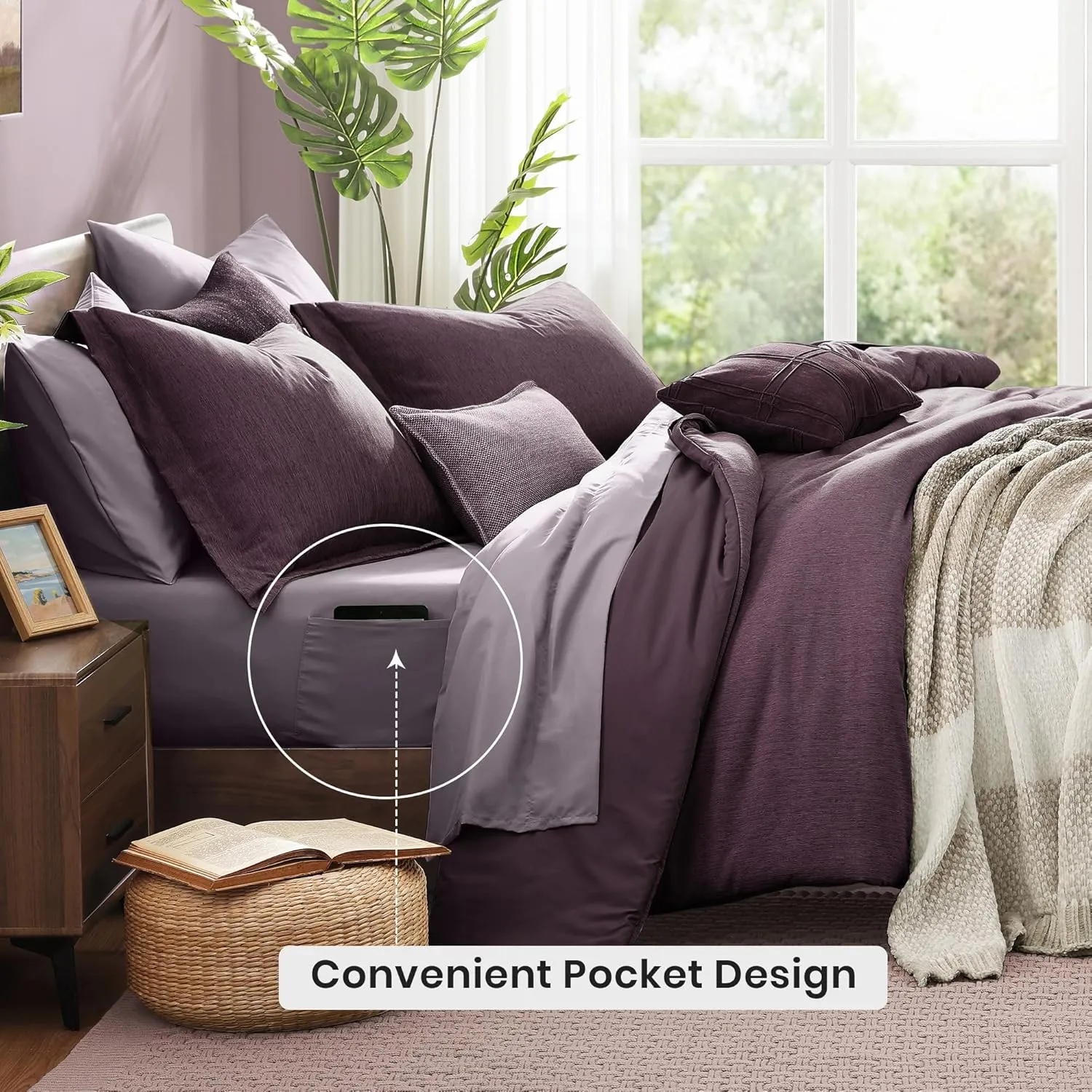 Monbix King Size Comforter Set, Italian Plum King Bedding Set Reversible, 7 Pieces, Cationic Dyeing Bed in a Bag King with Comforter, Sheets, Pillowcases & Shams