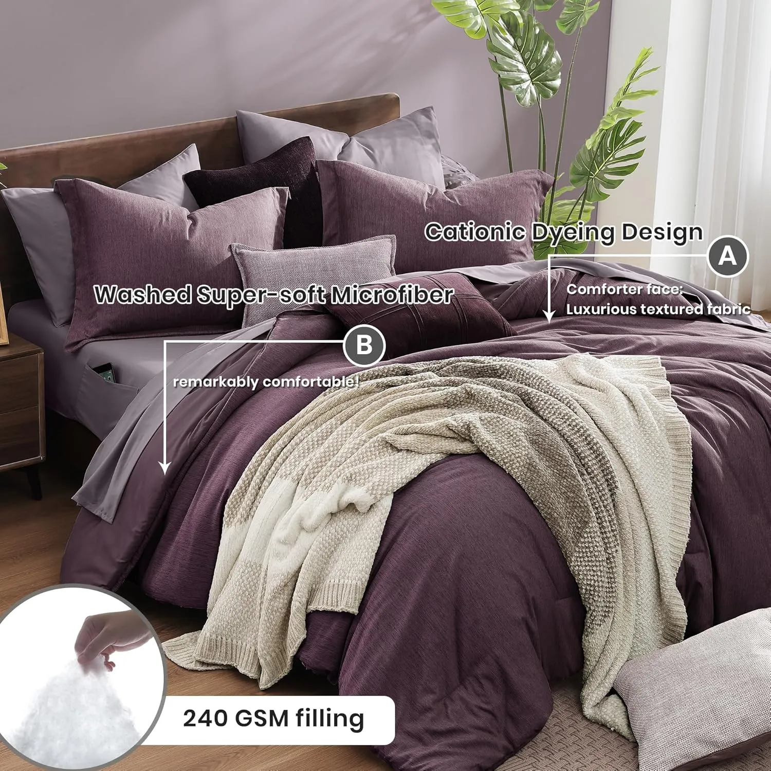 Monbix King Size Comforter Set, Italian Plum King Bedding Set Reversible, 7 Pieces, Cationic Dyeing Bed in a Bag King with Comforter, Sheets, Pillowcases & Shams