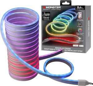 Monster Smart Neon LED Light Strip, 16.4 Ft RGB IC Wi-Fi LED Rope Light, Water Resistant for Outdoor & Indoor, Compatible with Alexa Google Home & Siri, App & Voice Control, Sound Reactive, Flexible