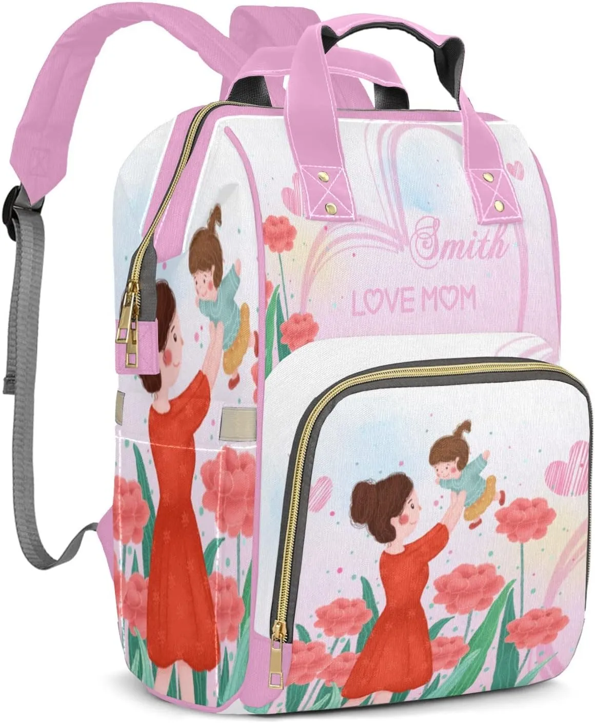 Mother's Day Flower Pink Mummy Bag Custom Personalized with Name Diaper Bag Backpacks Best Present
