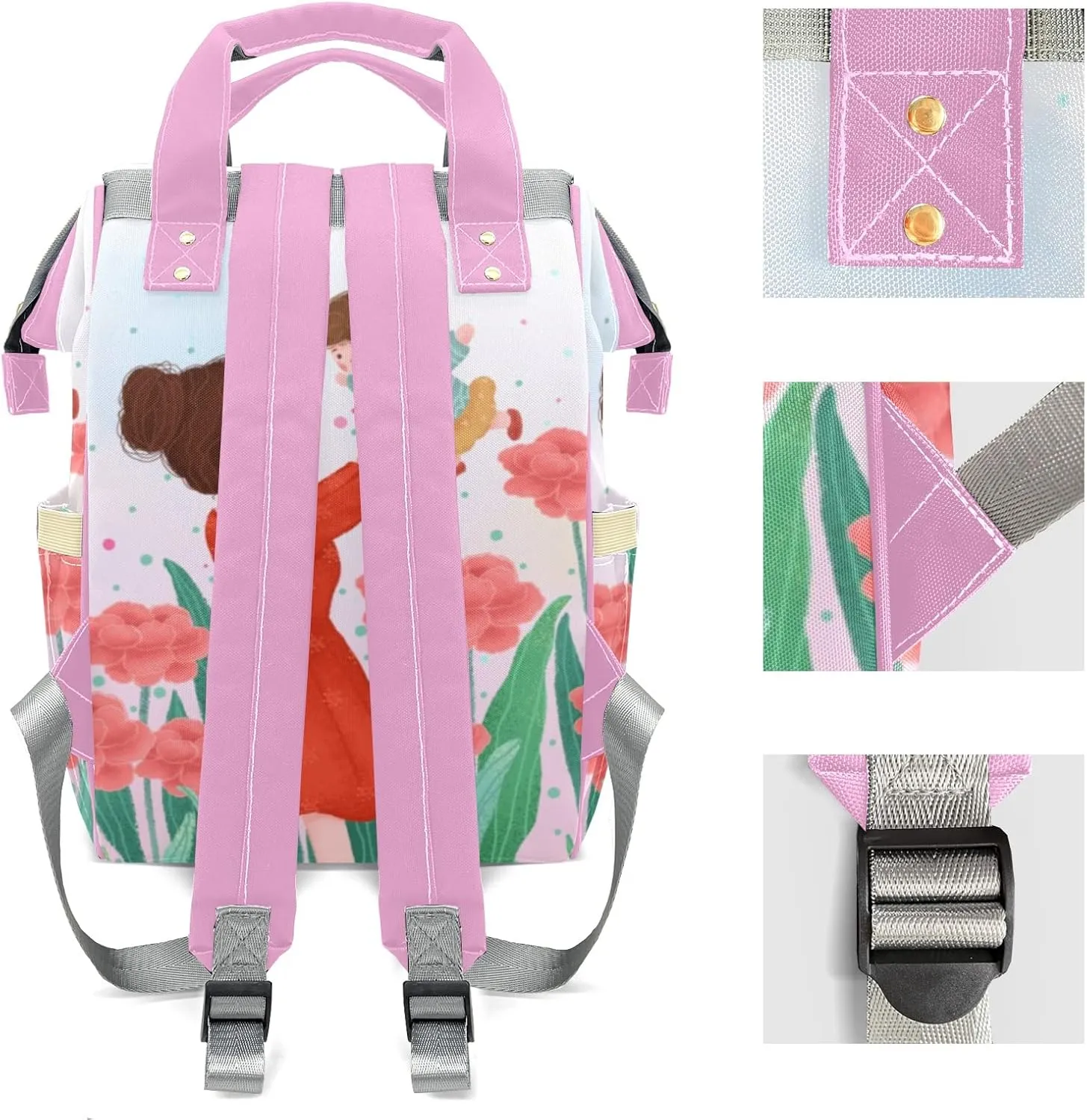 Mother's Day Flower Pink Mummy Bag Custom Personalized with Name Diaper Bag Backpacks Best Present