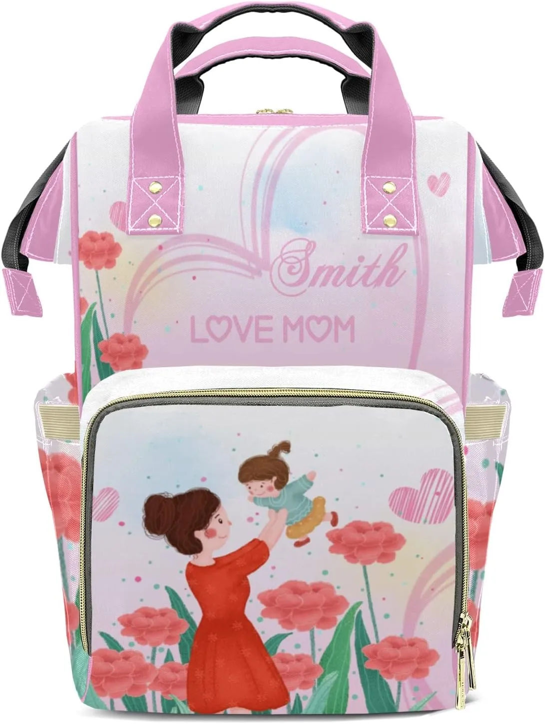 Mother's Day Flower Pink Mummy Bag Custom Personalized with Name Diaper Bag Backpacks Best Present