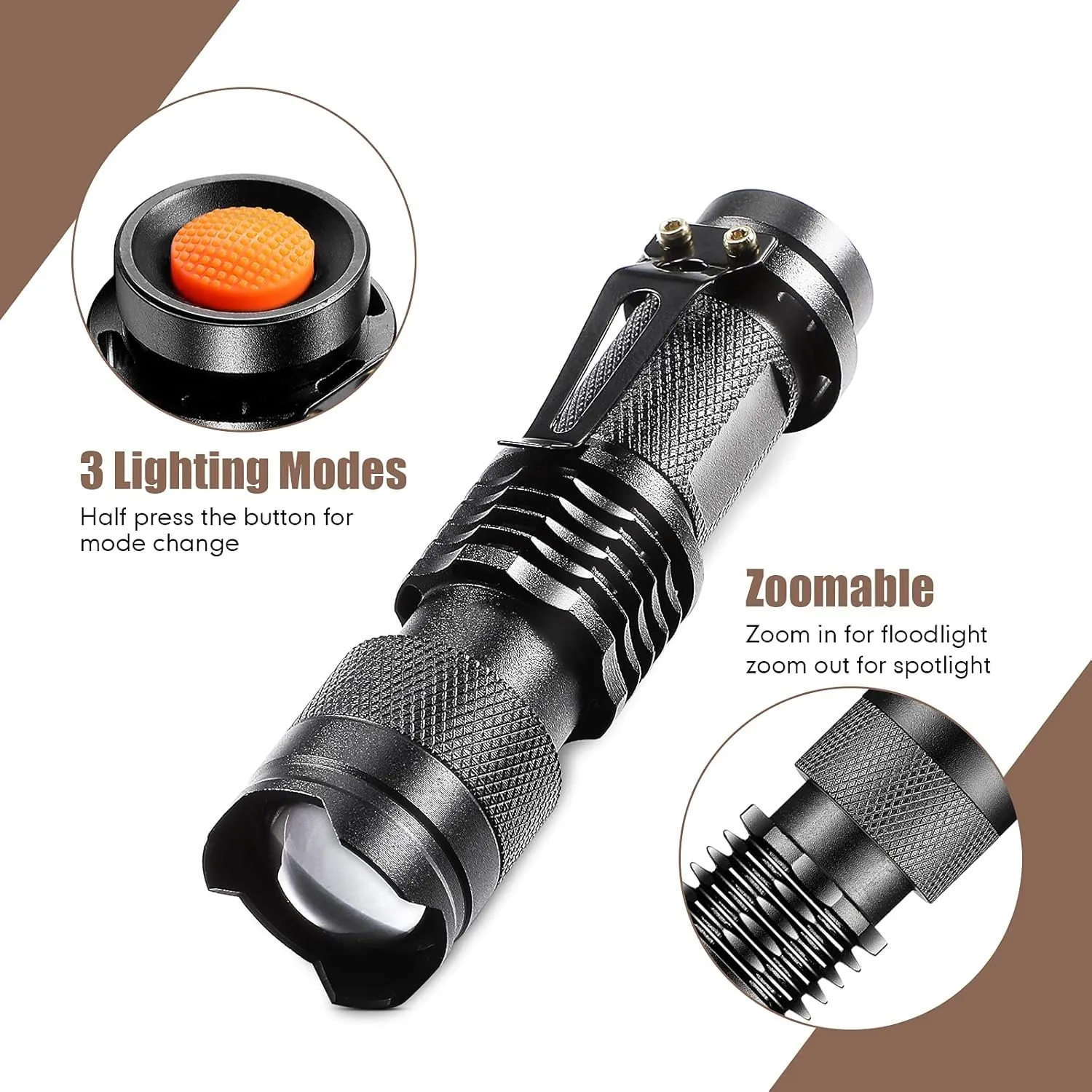 Mudder 10 Pack Mini LED Flashlight Bulk 3 Mode Tactical Torch Pocket Handheld Flashlight Flash Light Adjustable Focus Light Pen for Men Fathers Day Gifts Hiking Outdoor Work(Black, White Light)