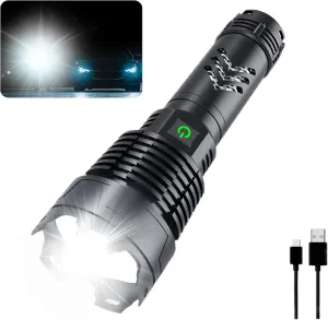 MUGUOY Rechargeable Led Flashlight 120000 High Lumens, Ultra Bright Led Xhp160 Flashlight, Type-C, Zoomable, Ipx5 Waterproof, 5 Modes Tactical Flashlight,for Outdoor Camping