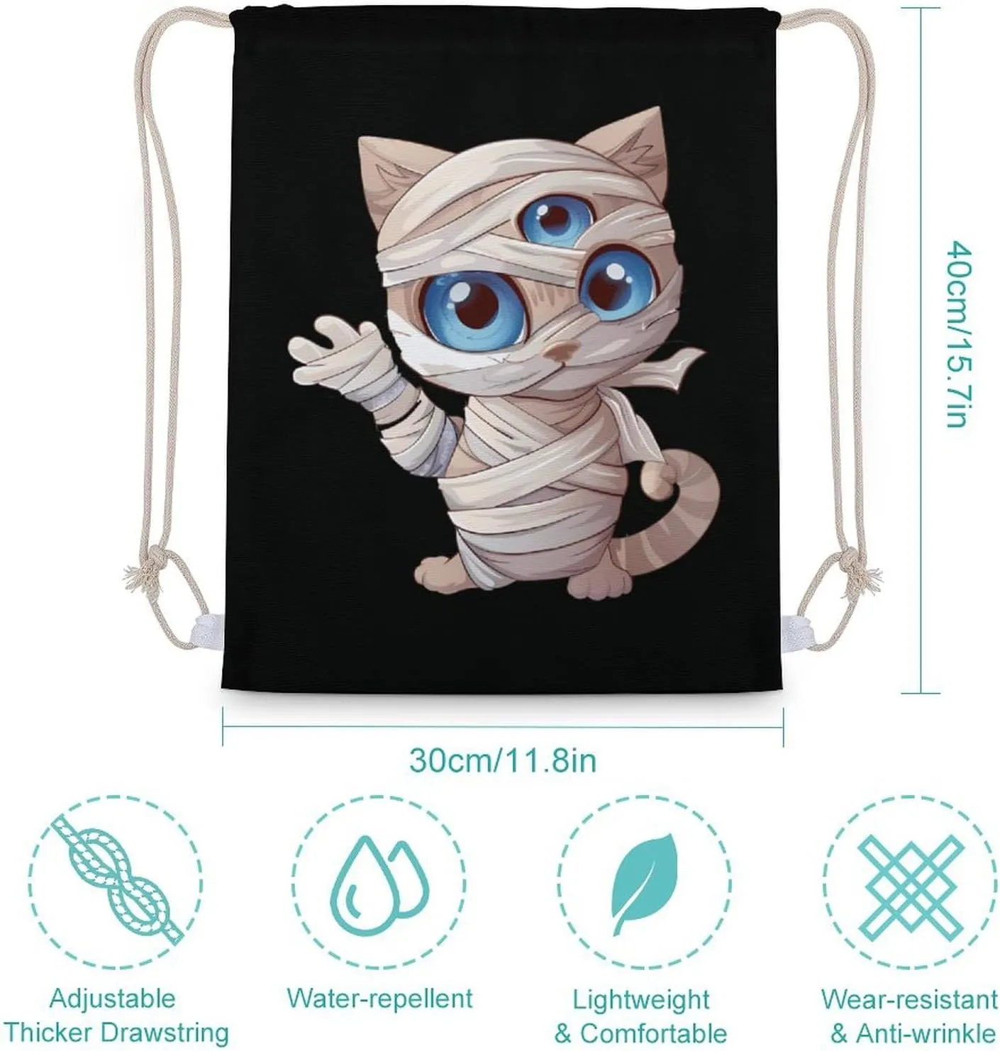 Mummy Wrap Cute Cat Party Drawstring Backpack Gym Bag Pull String Sport Bag for Women And Men 30x40cm