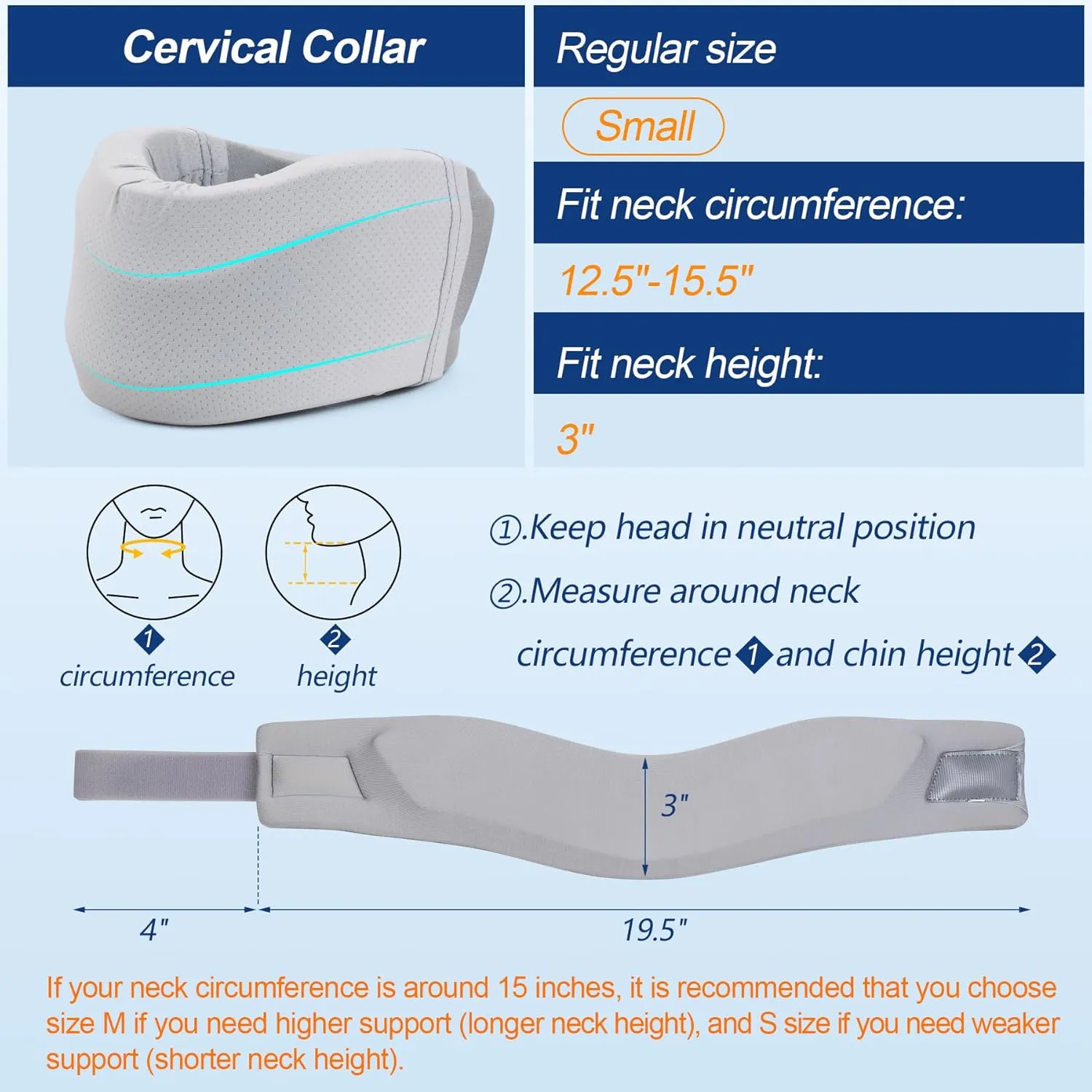 Neck Brace for Neck Pain and Support, Soft Neck Support Relieves Pain & Pressure in Spine for Women & Men, Wrap Align Stabilize Vertebrae Foam Cervical Collar for Sleeping (Grey, S, 3" Depth Collar)