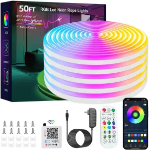 Neon Rope Lights, 50FT IC RGB LED Strip Lights, App Remote Control, Outdoor IP67 Waterproof, Music Sync, Color Changing, Flexible DIY Design Neon Lights for Bedroom, Gaming, Party Decor