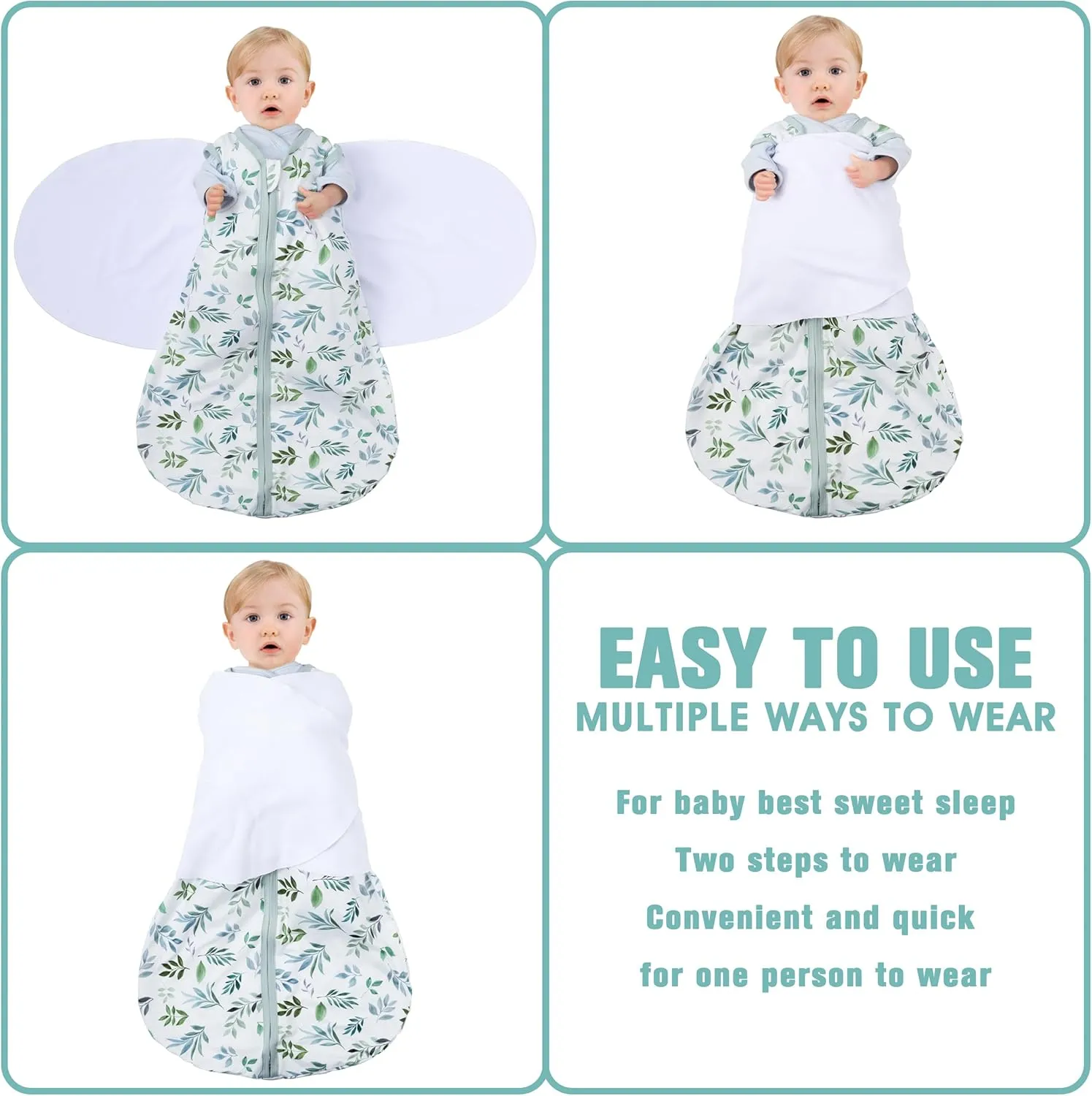 Newborn Sleep Sack Baby Swaddle,0-3 Months,3-Way Adjustable Wearable Blanket,100% Rayon Cotton Swaddling sleeping bag，TOG 0.5（Banana&Leaf）