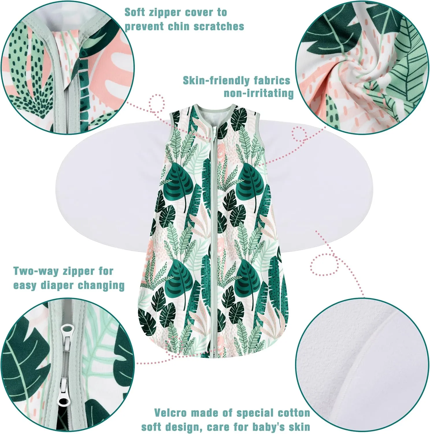 Newborn Sleep Sack Baby Swaddle,0-3 Months,3-Way Adjustable Wearable Blanket,100% Rayon Cotton Swaddling sleeping bag，TOG 0.5（Banana&Leaf）