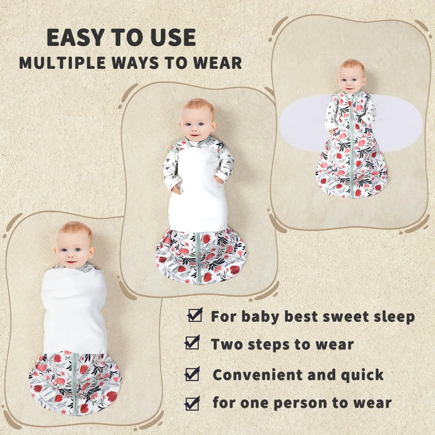 Newborn Sleep Sack Baby Swaddle,3-Way Adjustable Wearable Blanket,100% Rayon Cotton Swaddling sleeping bag. (Banana&Flower, 3-6 Months)