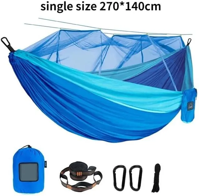 Nylon Parachute Hammock Net Portable Travel Outdoor Camping Hanging Sleeping Single and Double Hammock with Mosquito Net Terrace Hammock(Blue,270cmX140cm)