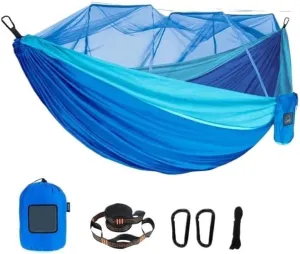 Nylon Parachute Hammock Net Portable Travel Outdoor Camping Hanging Sleeping Single and Double Hammock with Mosquito Net Terrace Hammock(Blue,270cmX140cm)