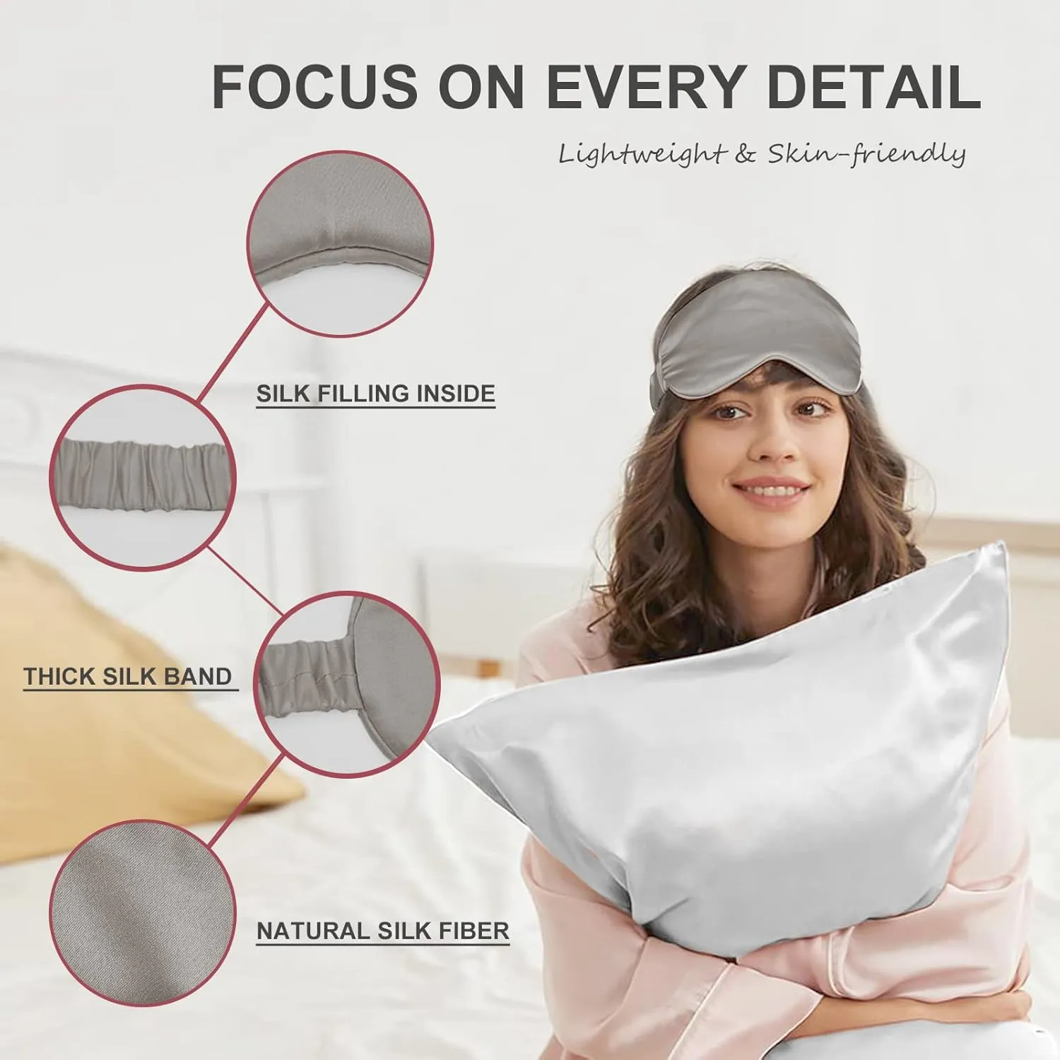 OLESILK Silk Sleep Eye Mask Blindfold with Double Layer Silk Filling for Full Night's Sleep, Silk Wrapping Strap- Luxury Eye Cover Eyeshade for Women Men with Travel Bag and Ear Plugs, Silver