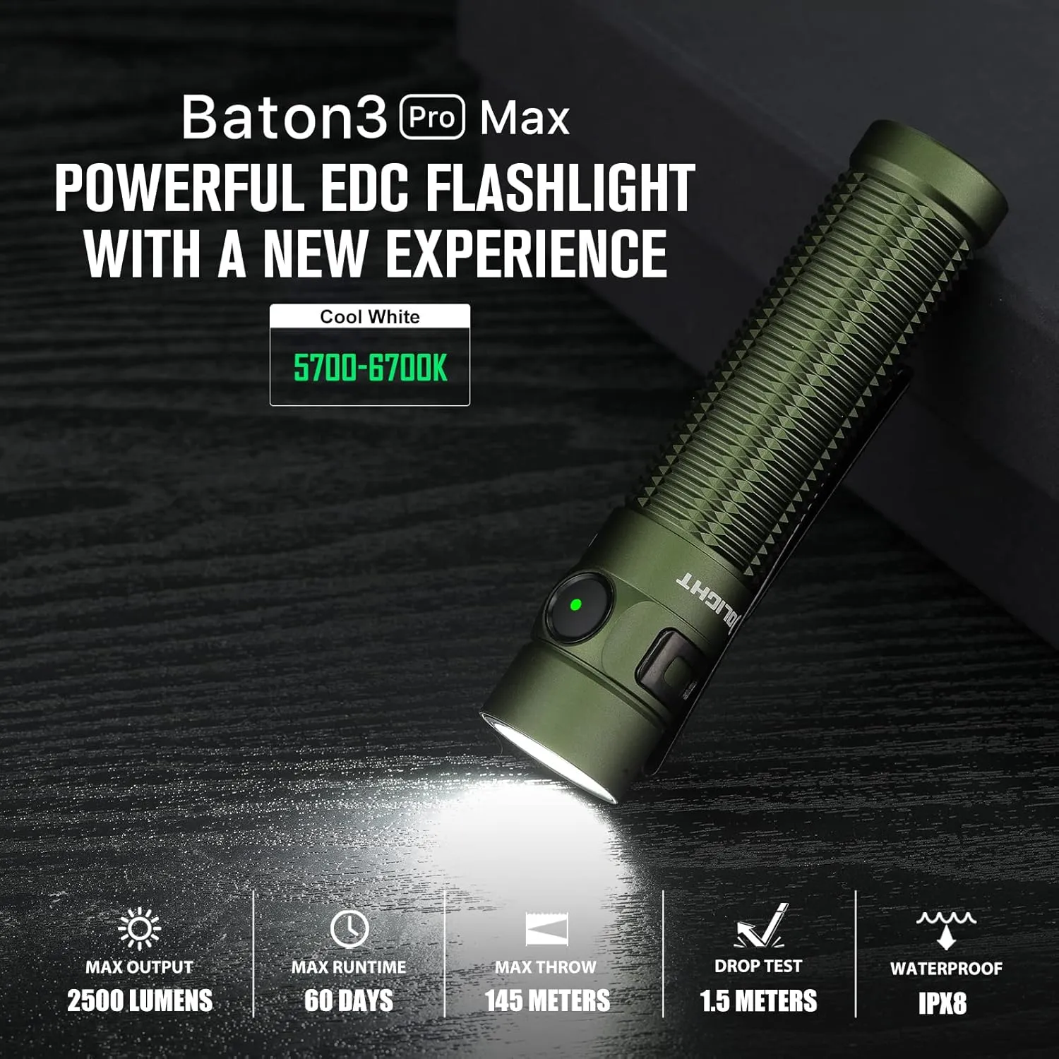 OLIGHT Baton3 Pro Max 2500 Lumens Rechargeable Compact EDC Flashlights with Safety Proximity Sensor, Pocket Light for Camping, Hiking, and Emergency (Cool White Light: 5700~6700K)
