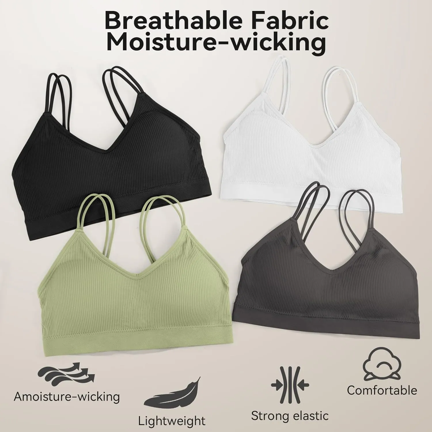 Omisy 4 Pcs Cami Bralettes for Women, Padded Sport Bra Pack No Underwire with Dual Straps for Sleeping, Yoga, Lounging