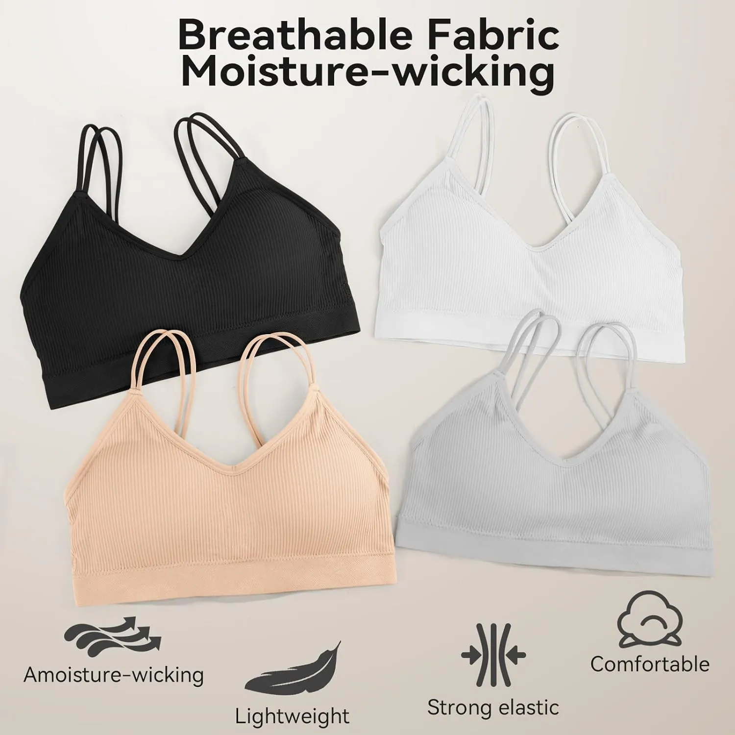 Omisy 4 Pcs Cami Bralettes for Women, Padded Sport Bra Pack No Underwire with Dual Straps for Sleeping, Yoga, Lounging