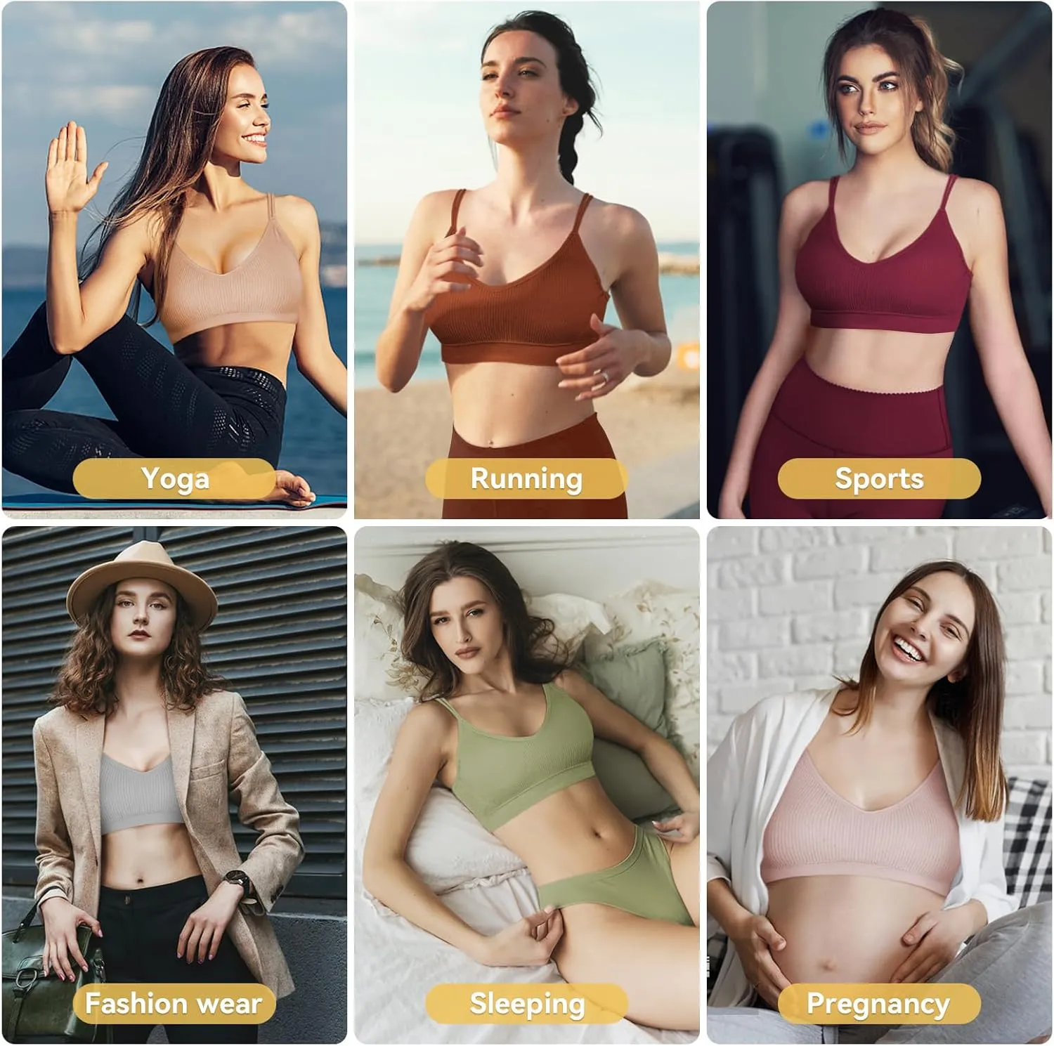 Omisy 4 Pcs Cami Bralettes for Women, Padded Sport Bra Pack No Underwire with Dual Straps for Sleeping, Yoga, Lounging