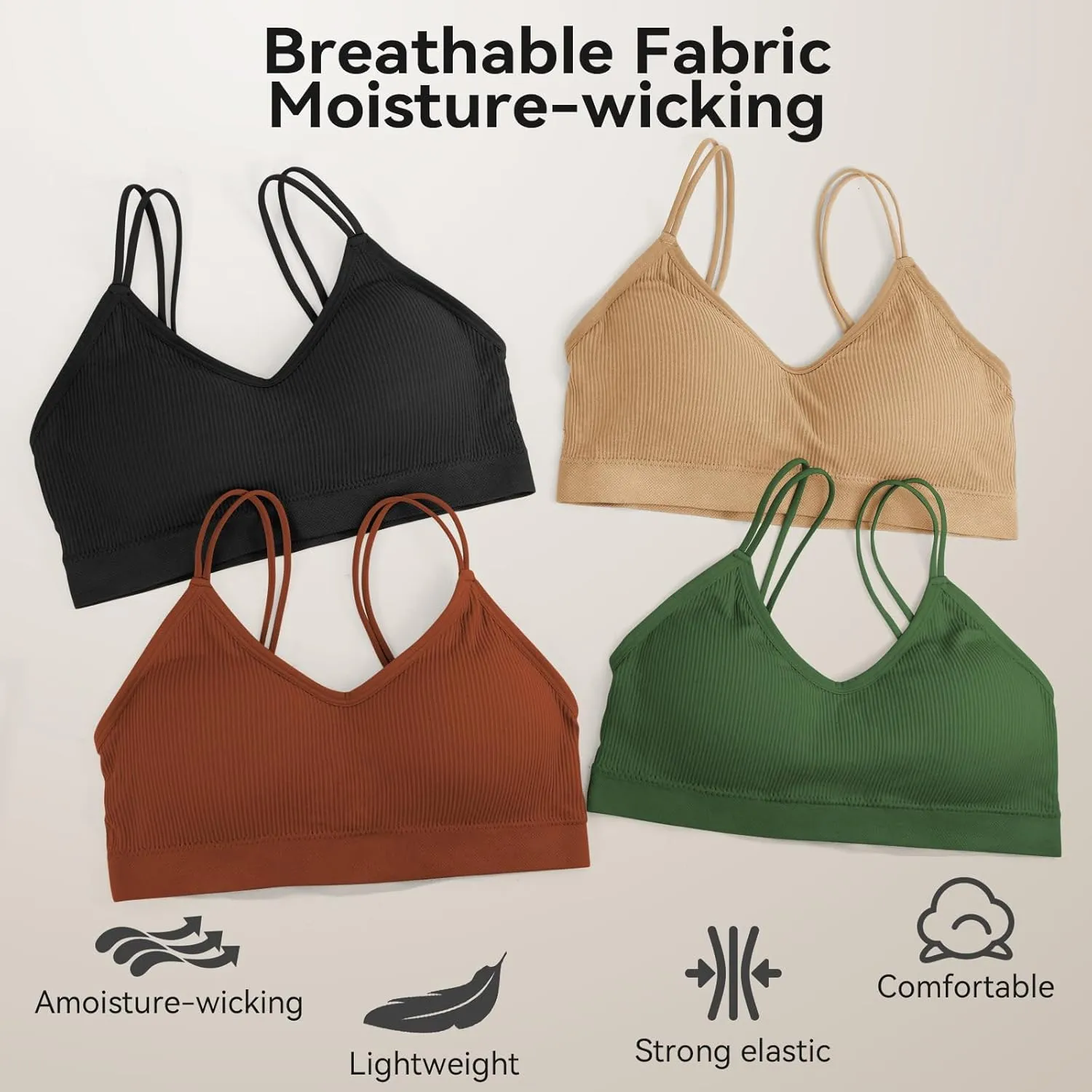 Omisy 4 Pcs Cami Bralettes for Women, Padded Sport Bra Pack No Underwire with Dual Straps for Sleeping, Yoga, Lounging