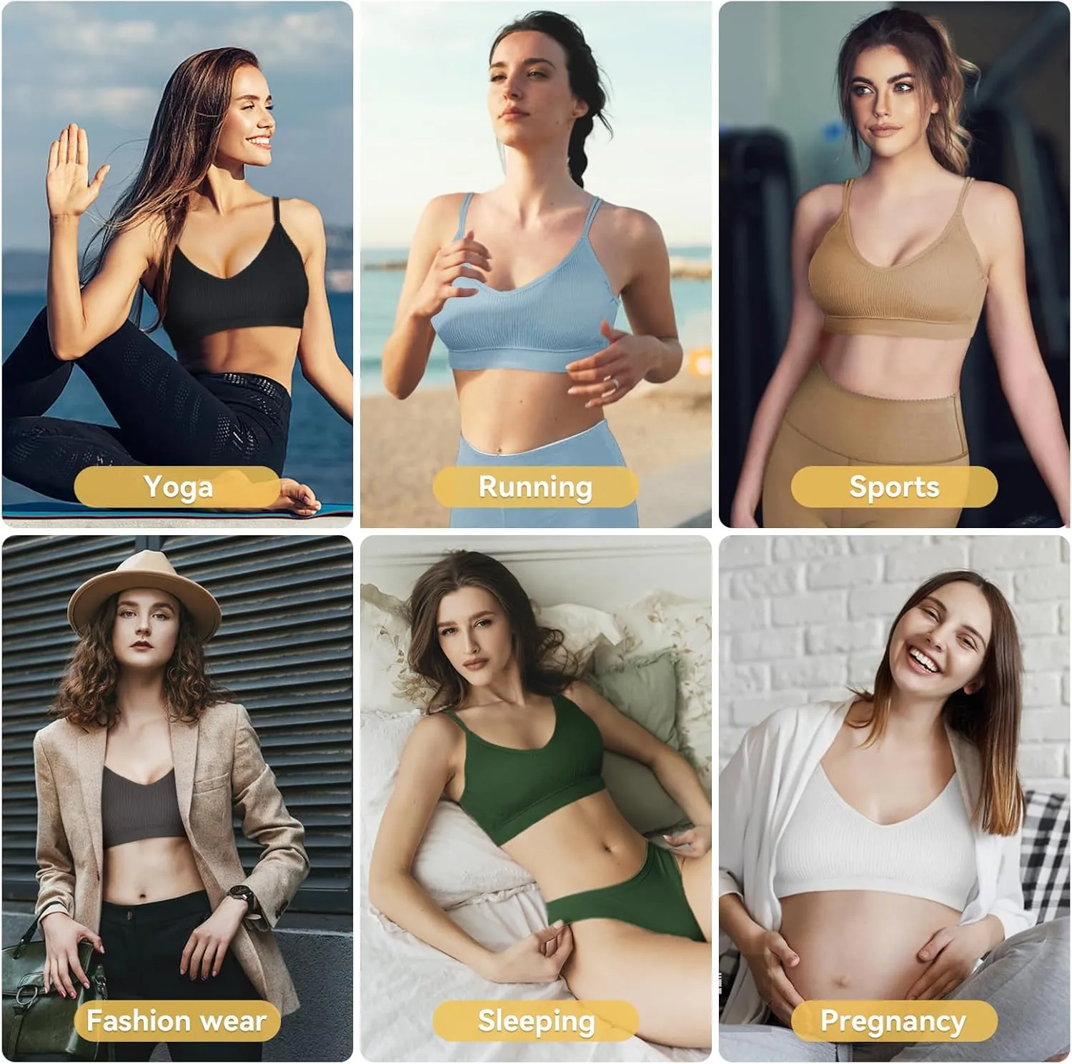 Omisy 4 Pcs Cami Bralettes for Women, Padded Sport Bra Pack No Underwire with Dual Straps for Sleeping, Yoga, Lounging