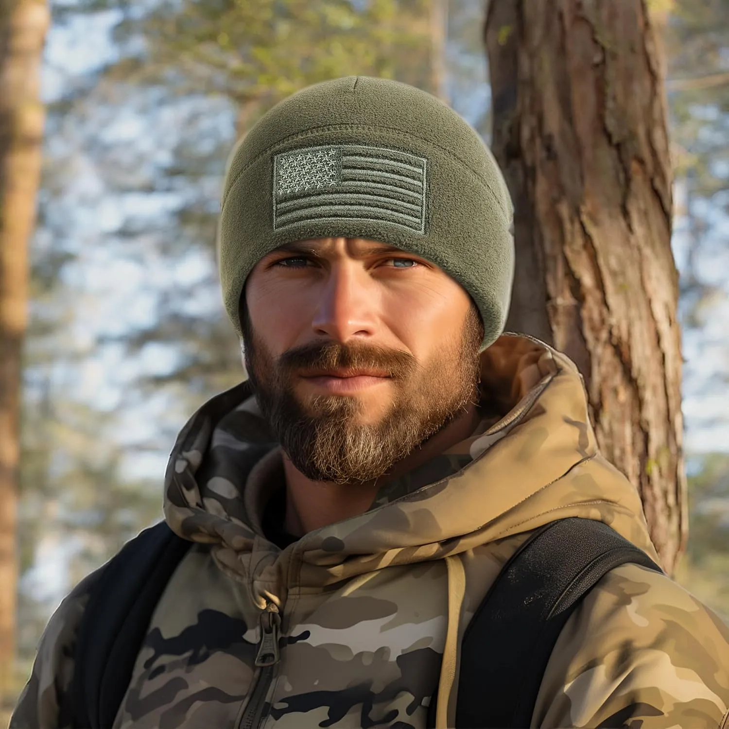 OUTDOOR SHAPING American Flag Fleece Watch Cap, USA Multi-Season Army Military Tactical Beanie, Winter Warm Beanie