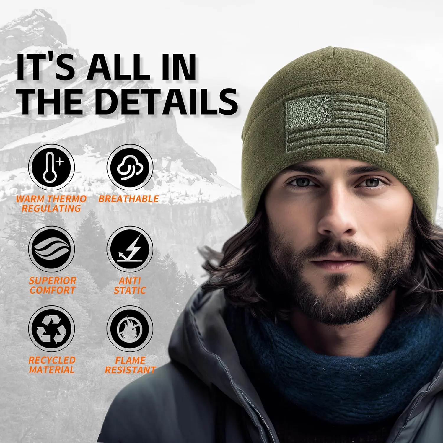 OUTDOOR SHAPING American Flag Fleece Watch Cap, USA Multi-Season Army Military Tactical Beanie, Winter Warm Beanie