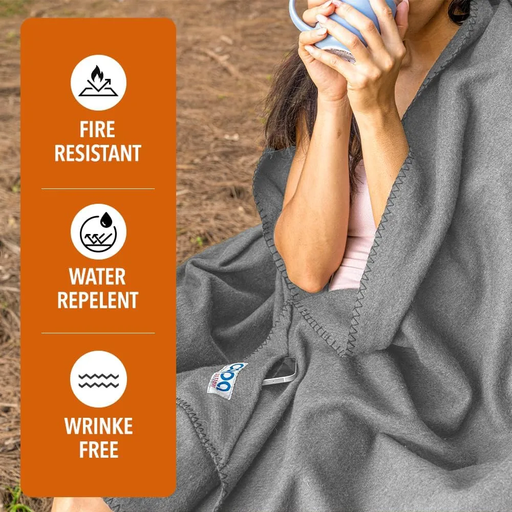 Outdoors Extra Large Wool Camping Blanket w Carry Strap 90"x66", Thick Outdoor Throw w Cell Phone Pocket for Cold Weather, 4.5 lbs (Grey)