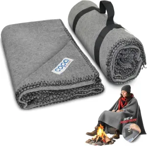 Outdoors Extra Large Wool Camping Blanket w Carry Strap 90"x66", Thick Outdoor Throw w Cell Phone Pocket for Cold Weather, 4.5 lbs (Grey)