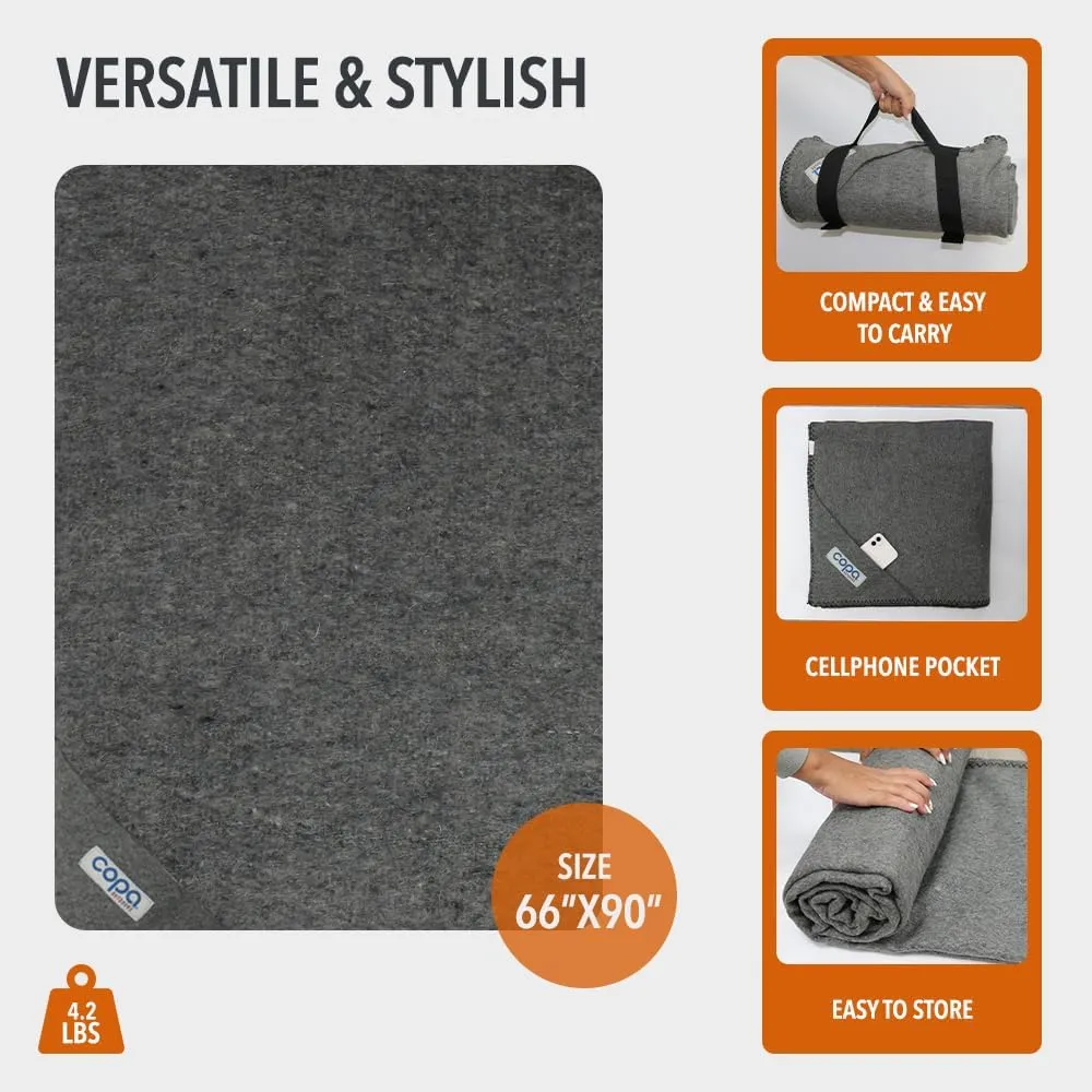 Outdoors Extra Large Wool Camping Blanket w Carry Strap 90"x66", Thick Outdoor Throw w Cell Phone Pocket for Cold Weather, 4.5 lbs (Grey)
