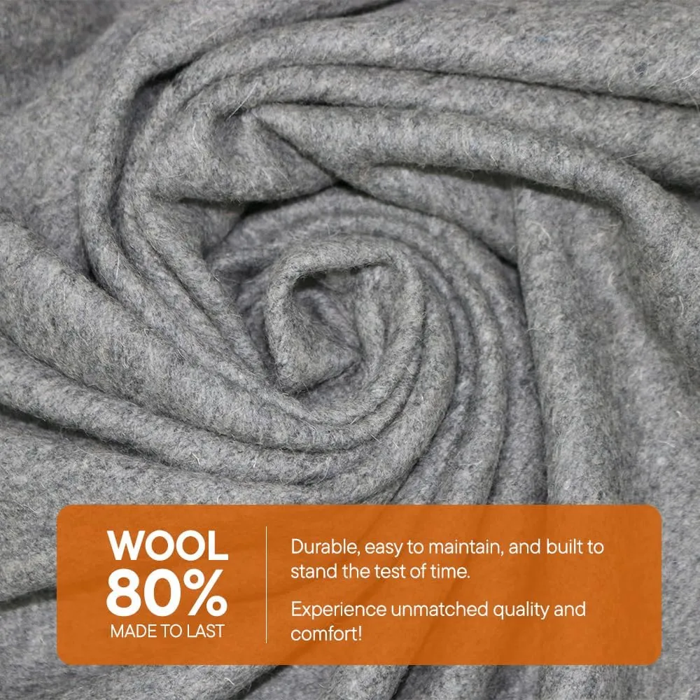 Outdoors Extra Large Wool Camping Blanket w Carry Strap 90"x66", Thick Outdoor Throw w Cell Phone Pocket for Cold Weather, 4.5 lbs (Grey)