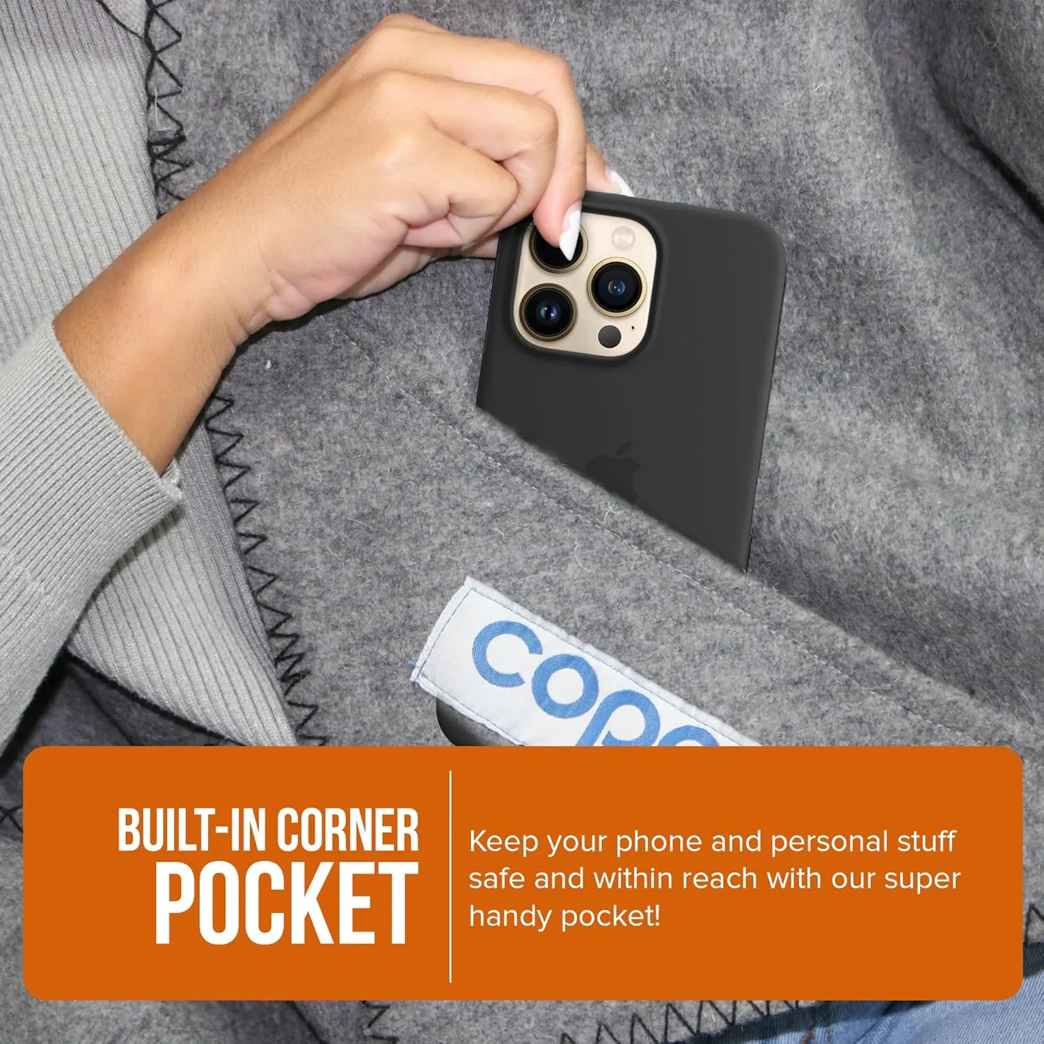 Outdoors Extra Large Wool Camping Blanket w Carry Strap 90"x66", Thick Outdoor Throw w Cell Phone Pocket for Cold Weather, 4.5 lbs (Grey)