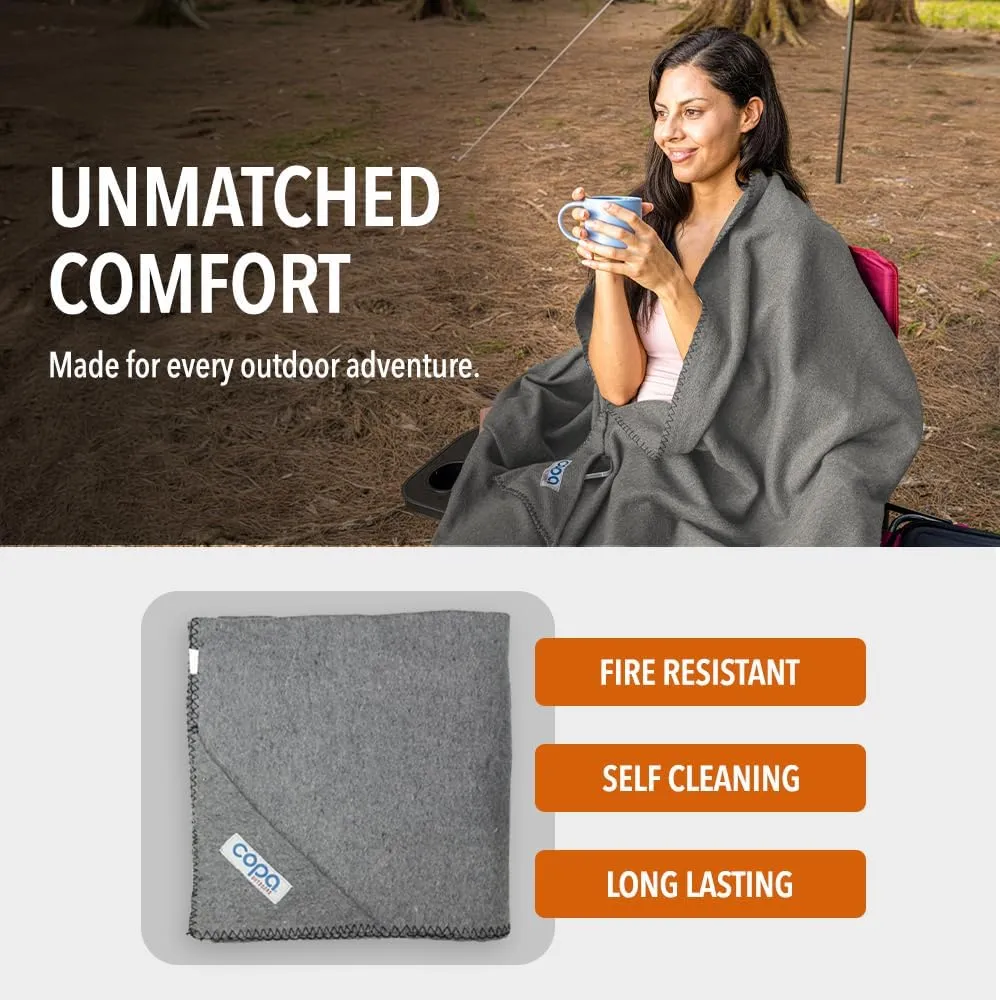 Outdoors Extra Large Wool Camping Blanket w Carry Strap 90"x66", Thick Outdoor Throw w Cell Phone Pocket for Cold Weather, 4.5 lbs (Grey)