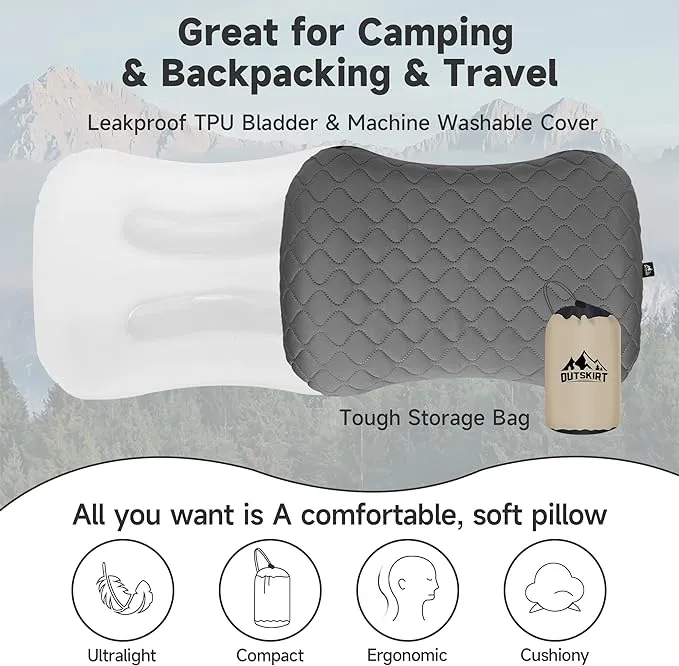 OUTSKIRT Inflatable Camping Pillow, 2-in-1 Travel Pillows for Sleeping, Ergonomic & Lightweight Small Backpacking Pillow for Travel, Hiking, Camping & Outdoor Activities, Grey