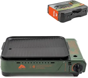 Ozark-Trail Outdoor Butane Griddle 7650 BTU Portable Camping Stove 15x12 Cast Aluminum Griddle Nonstick Compact Tabletop Gas Burner for Tailgating, Hiking, RV Cooking, Includes Carry Case